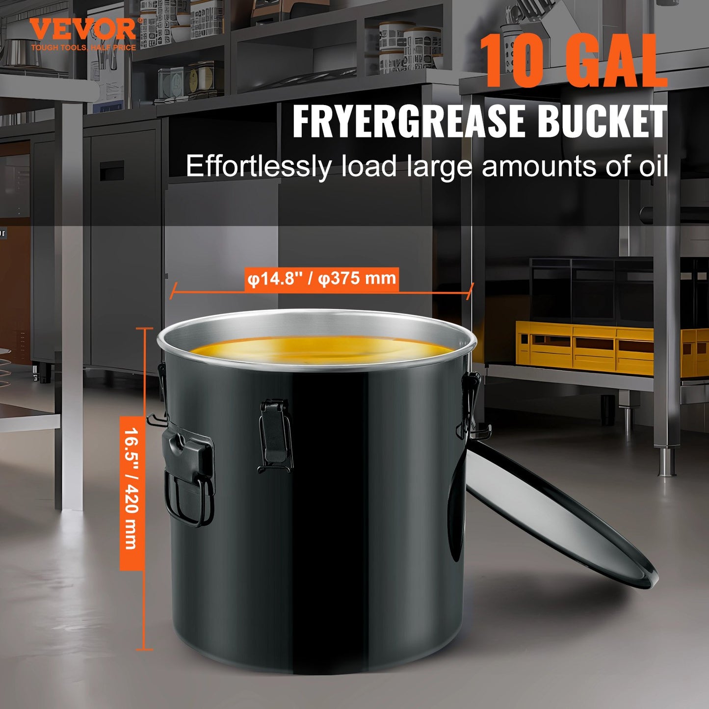 Fritös fetthink, 10 Gal Oljebortskaffning Caddy Rostfritt stål Fritös Oljehink Rostsäker beläggning, oljetransportbehållare med lock, låsklämmor, filterpåse för varm matlagningsoljefiltrering, svart