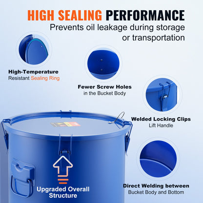 Deep Fryer Grease Bucket, 10 Gal Oil Disposal Caddy Carbon Steel Deep Fryer Oil Bucket with Rustproof Coating, Oil Transport Container with Lid, Locking Clips, Filter Bag for Hot Cooking Oil Filtration, Blue