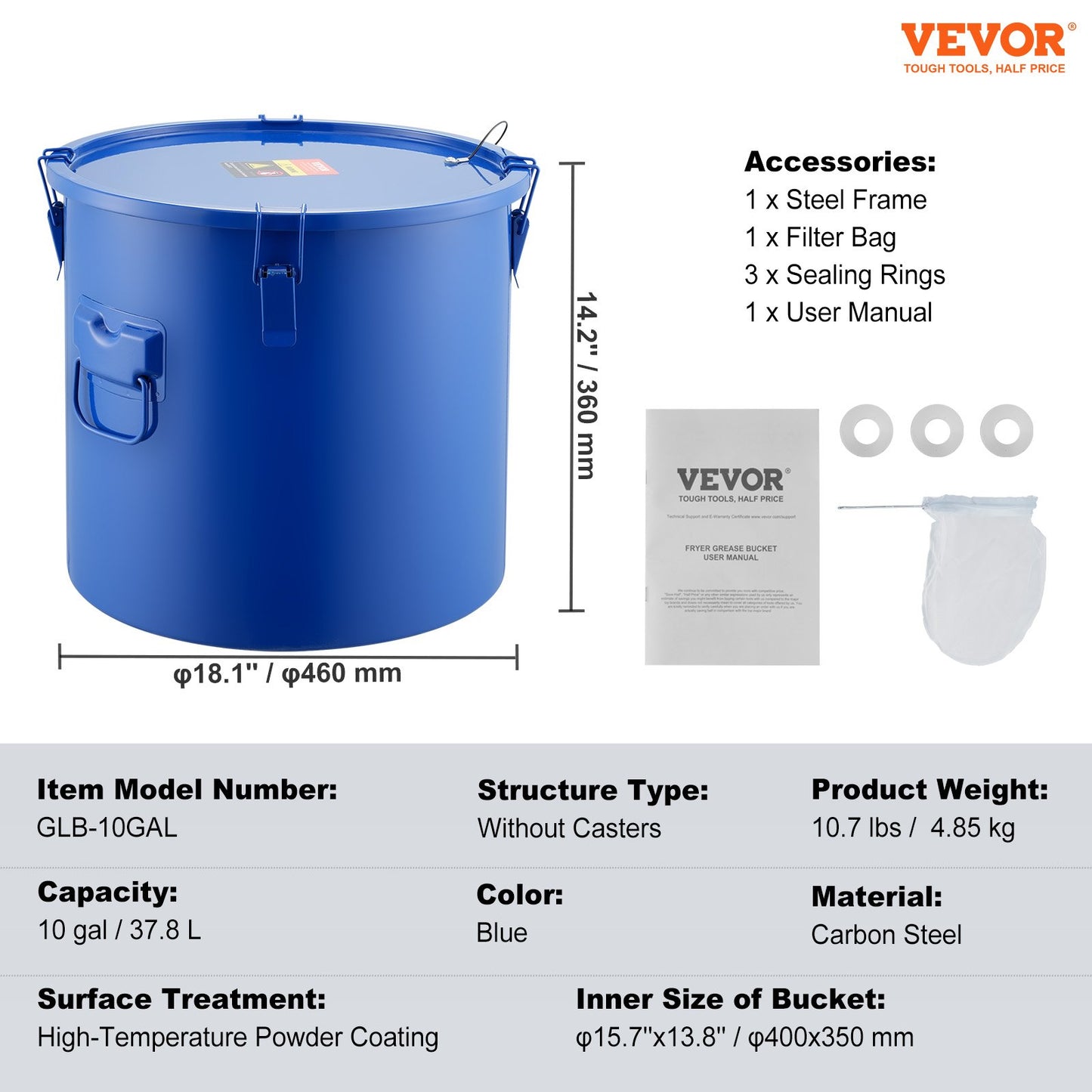 Deep Fryer Grease Bucket, 10 Gal Oil Disposal Caddy Carbon Steel Deep Fryer Oil Bucket with Rustproof Coating, Oil Transport Container with Lid, Locking Clips, Filter Bag for Hot Cooking Oil Filtration, Blue