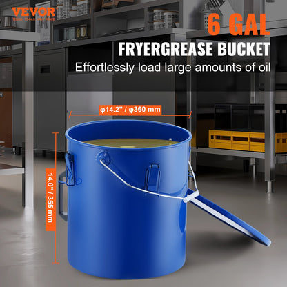 Fryer Grease Bucket, 6 Gal Oil Waste Caddy Carbon Steel Fryer Oil Bucket with Rustproof Coating, Oil Transport Container with Lid, Locking Clips, Filter Bag for Hot Cooking Oil Filtration, Blue