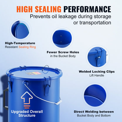 Fryer Grease Bucket, 6 Gal Oil Waste Caddy Carbon Steel Fryer Oil Bucket with Rustproof Coating, Oil Transport Container with Lid, Locking Clips, Filter Bag for Hot Cooking Oil Filtration, Blue