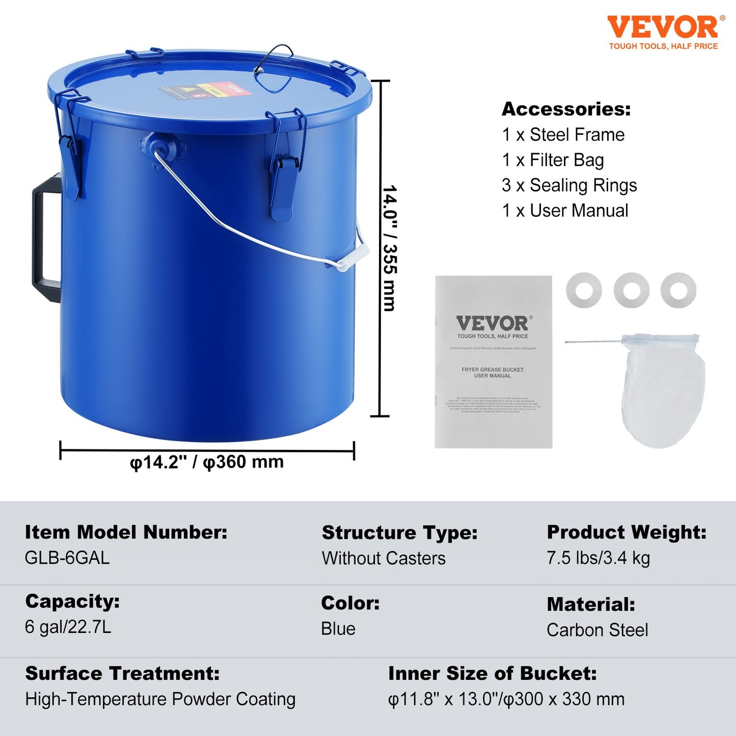Fryer Grease Bucket, 6 Gal Oil Waste Caddy Carbon Steel Fryer Oil Bucket with Rustproof Coating, Oil Transport Container with Lid, Locking Clips, Filter Bag for Hot Cooking Oil Filtration, Blue