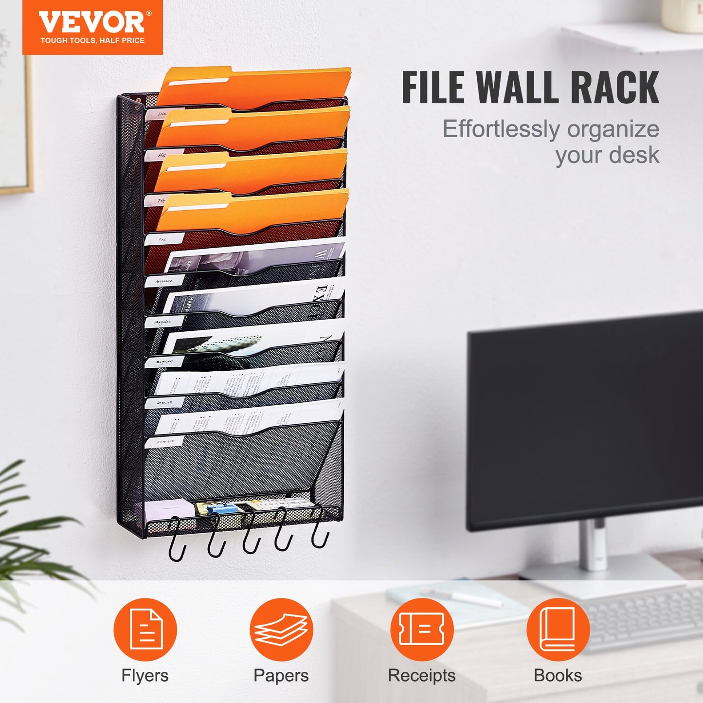 File Wall Rack Mesh Wall File Holder 1-Piece 10 Pockets for Office/School