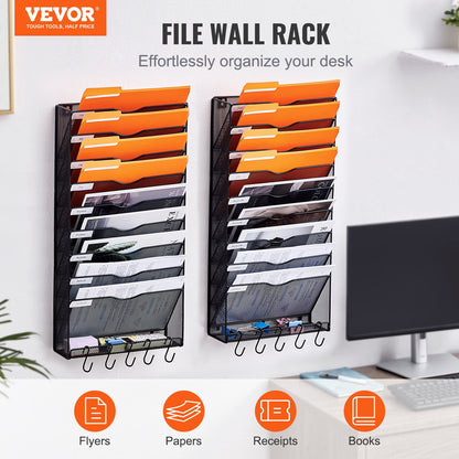 File Wall Rack Mesh Wall File Holder 2-part 10 pockets for office/school