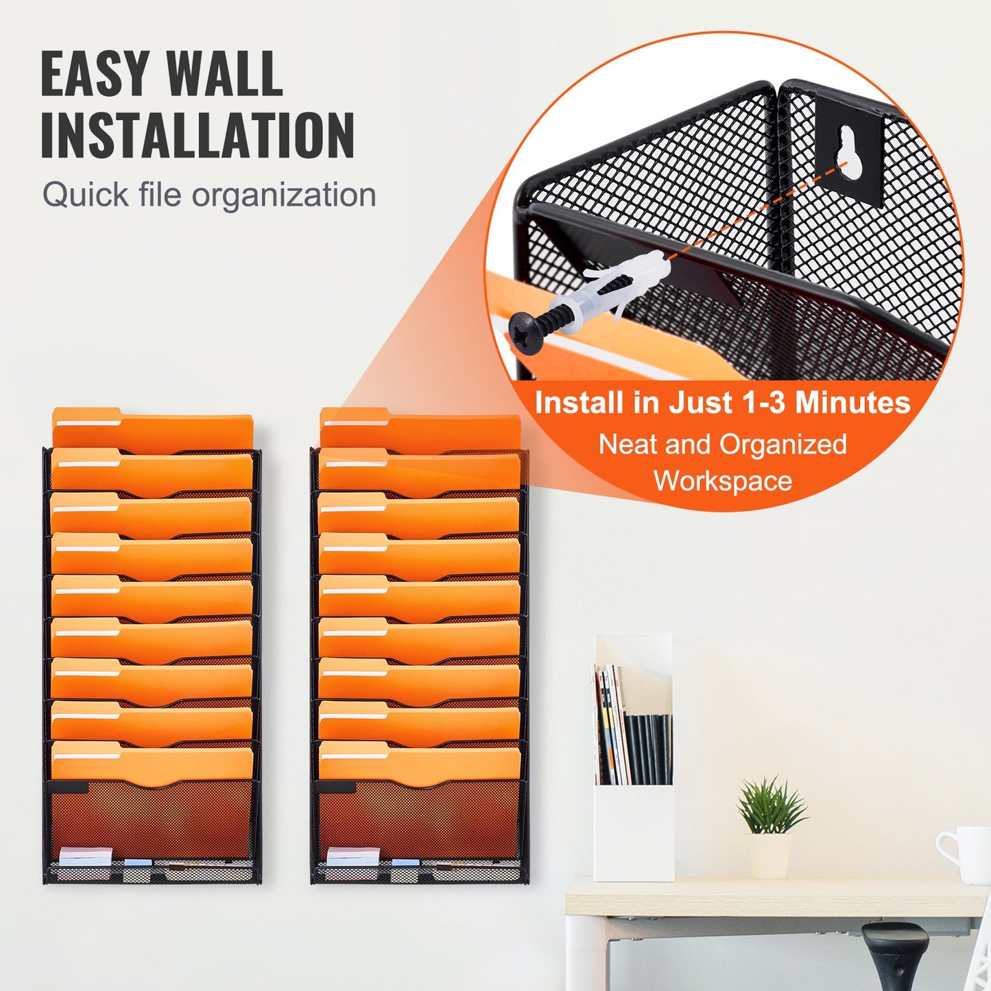 File Wall Rack Mesh Wall File Holder 2-part 10 pockets for office/school
