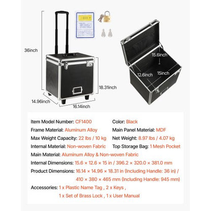 Bärbar arkivlåda, 395 x 320 x 380 mm invändig bröststorlek, låsbar mobil affärsväska med teleskophandtag, handhållen arkivlåda för kontor, hem, kontor, sjukhus, banker |  EU