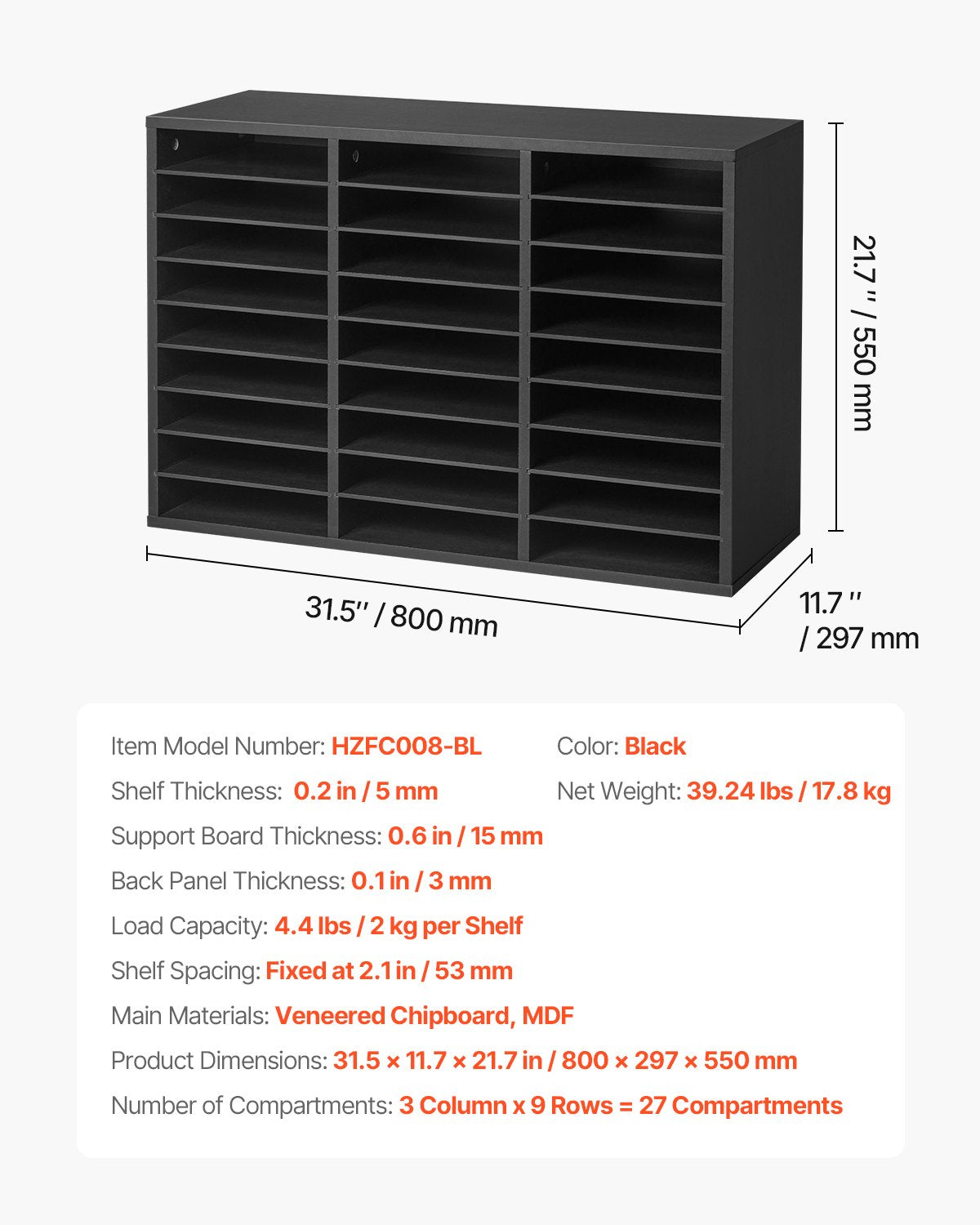 Trälitteraturorganisatör 27 fack med avtagbara hyllor Svart