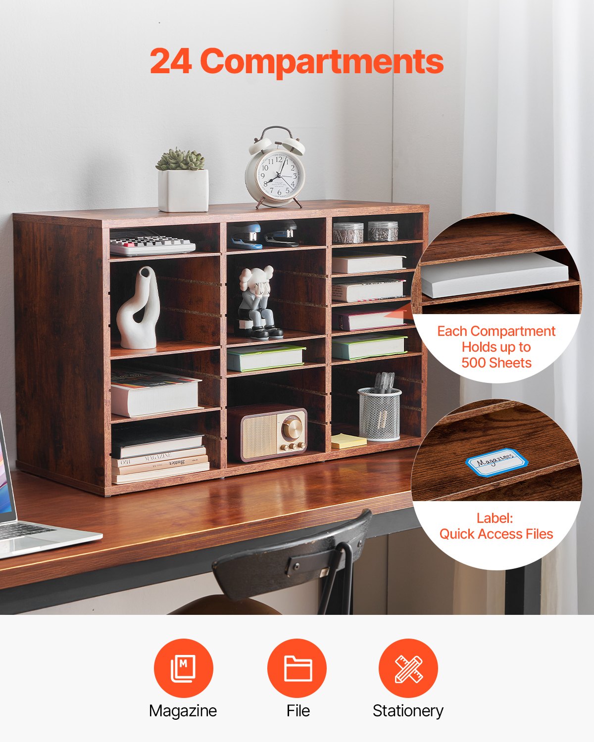 Trälitteraturorganisatör 24 fack Avtagbara hyllor Mörkbrun