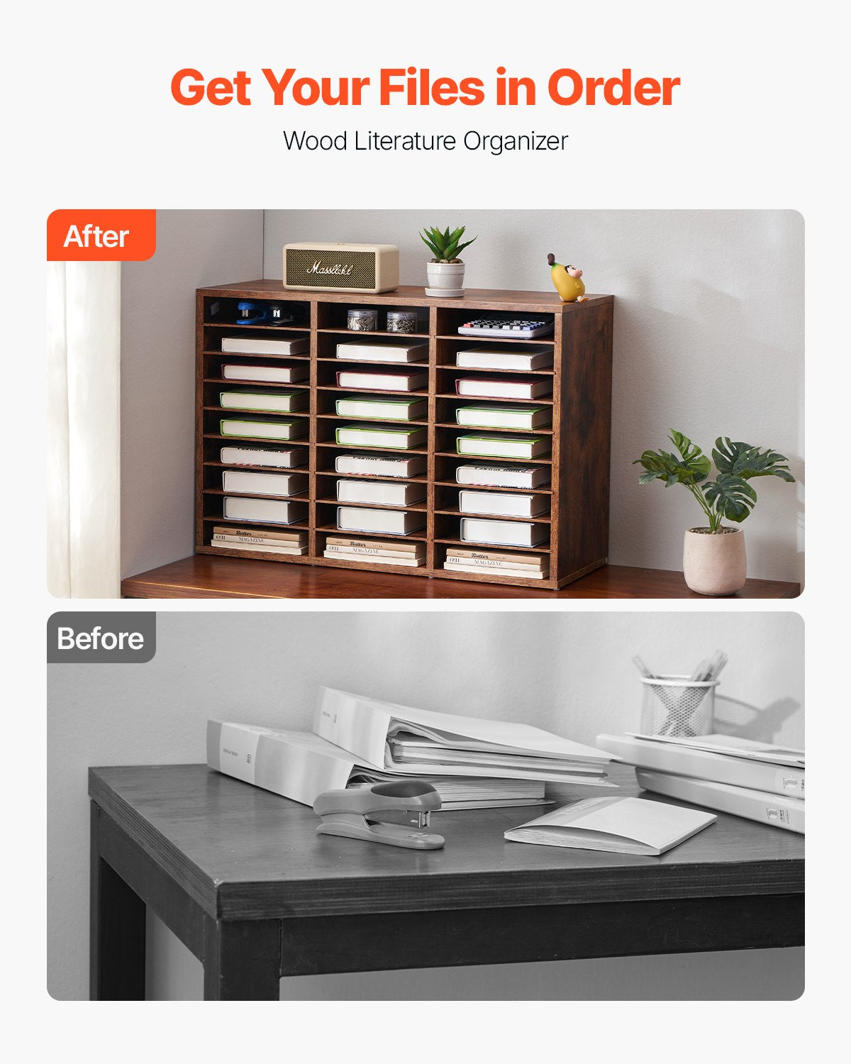 Trälitteratur Organizer 27 fack Avtagbara hyllor Mörkbrun