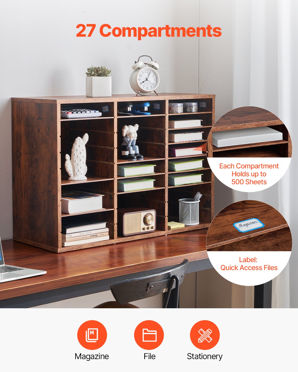 Trälitteratur Organizer 27 fack Avtagbara hyllor Mörkbrun