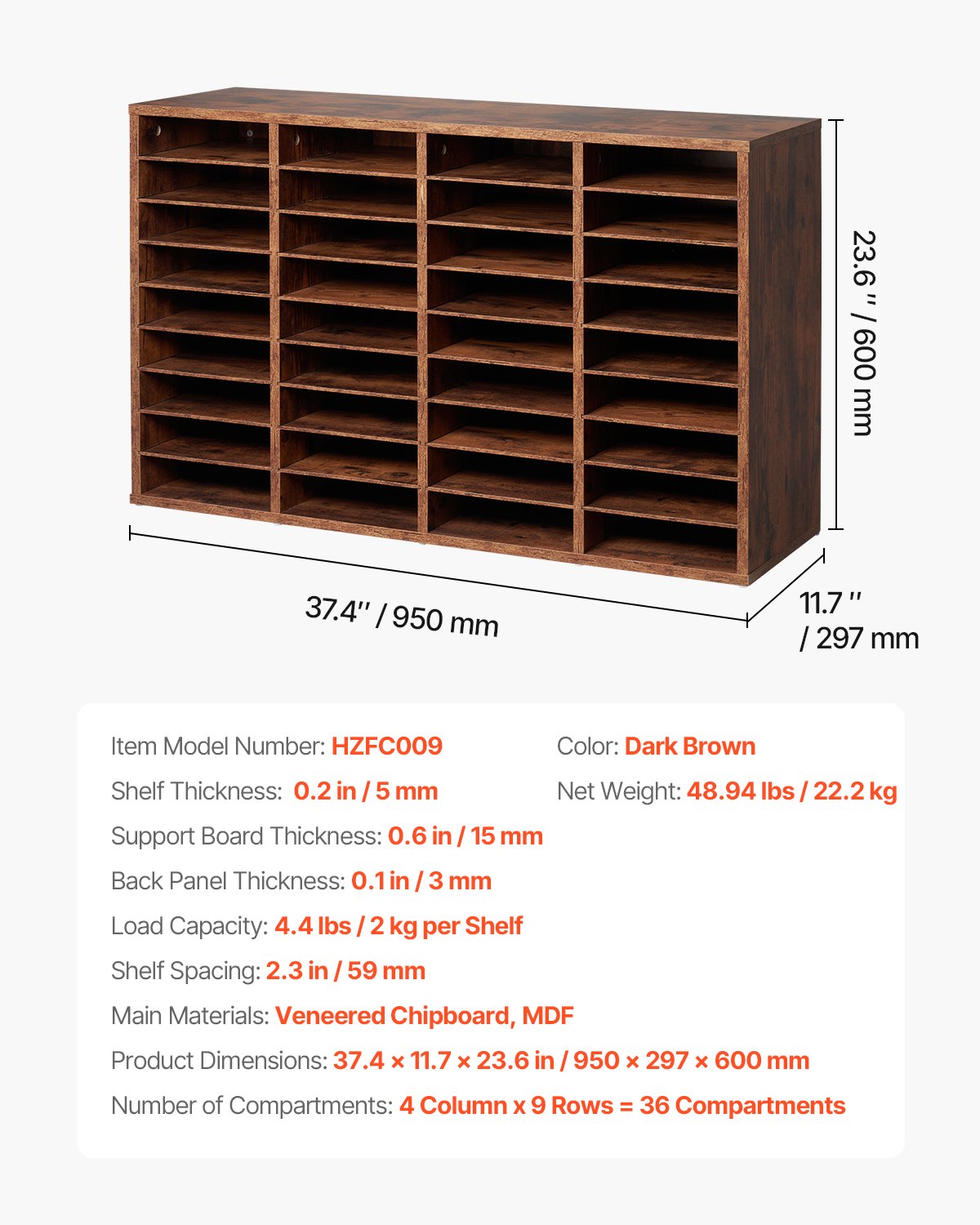 Wood Litteratur Organizer 36 fack Avtagbara hyllor Mörkbrun
