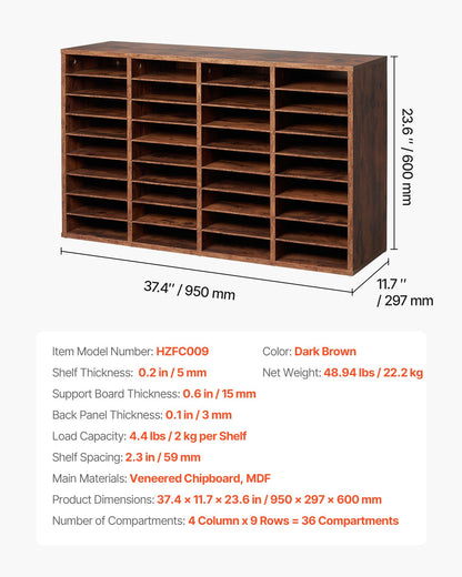 Wood Litteratur Organizer 36 fack Avtagbara hyllor Mörkbrun
