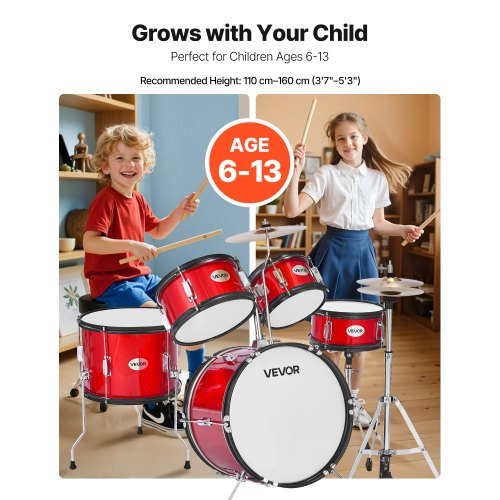 Barntrumset 5-delars Junior Musikaltrumset med 16-tums bastrumma (röd)