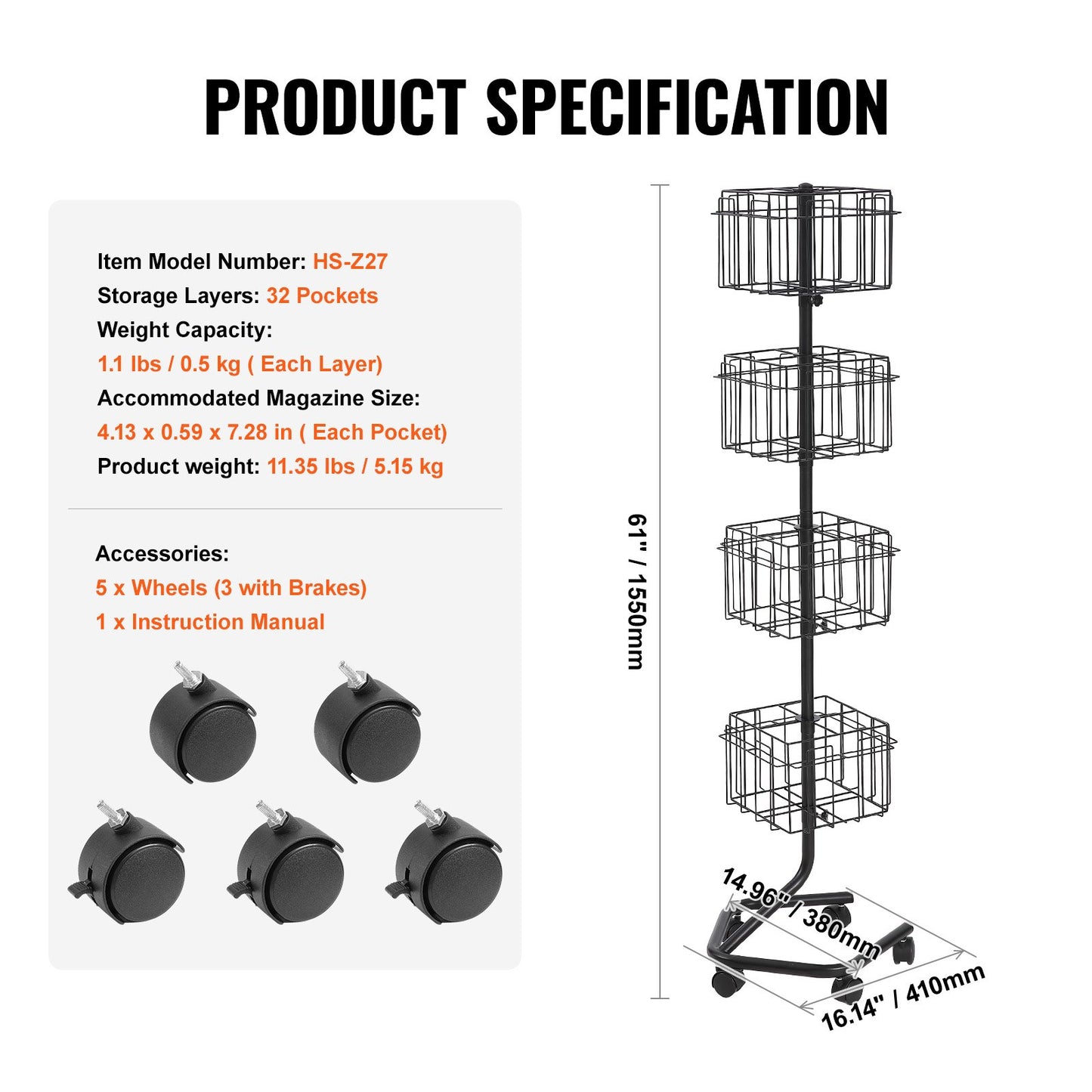 Broschyr Display Rack 32-ficks Roterande Litteratur Display Stand 5 hjul