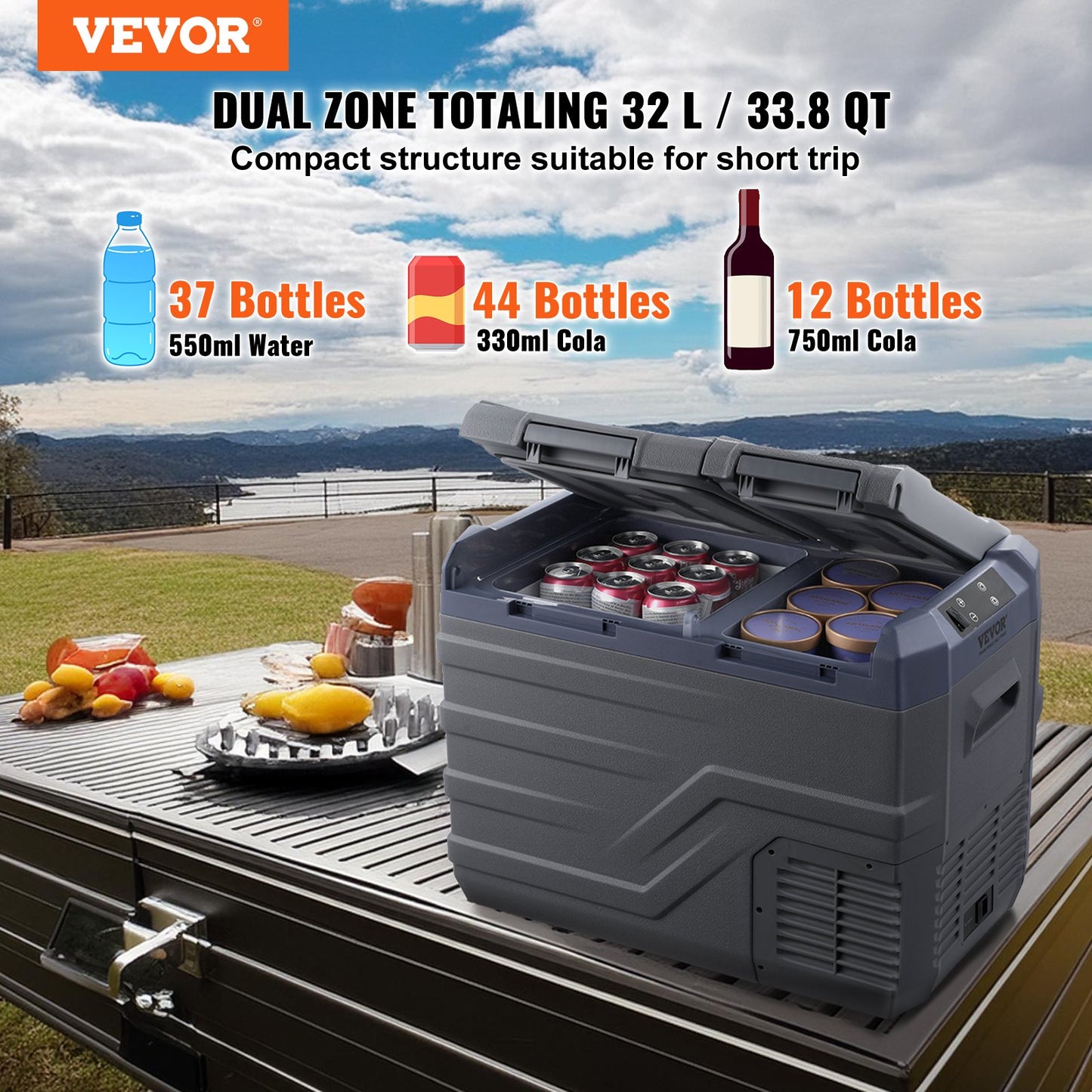 Portable Car Refrigerator Freezer Compressor 32 L Dual Zone for Motorhome