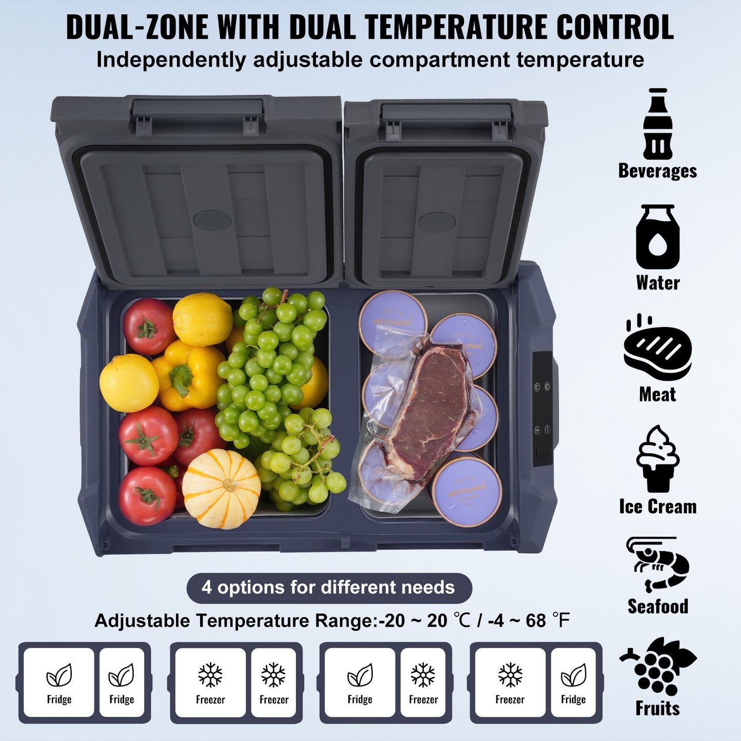 Portable Car Refrigerator Freezer Compressor 32 L Dual Zone for Motorhome