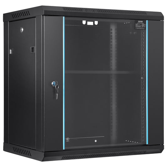 12U-Netzwerkserverschrank zur Wandmontage, 15,5 Zoll Tiefe, Server-Rack-Schrank, max. 200 lbs Tragkraft bei Bodenmontage, mit abschließbaren Seitenteilen aus Glastür, für IT-Geräte, A/V-Geräte