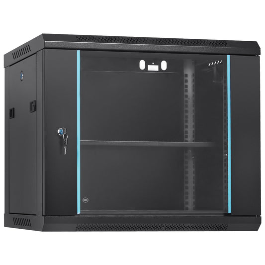 9U-Netzwerkserverschrank zur Wandmontage, 15,5 Zoll Tiefe, Server-Rack-Schrank, max. 200 lbs Tragkraft bei Bodenmontage, mit abschließbaren Seitenteilen aus Glastür, für IT-Geräte, A/V-Geräte