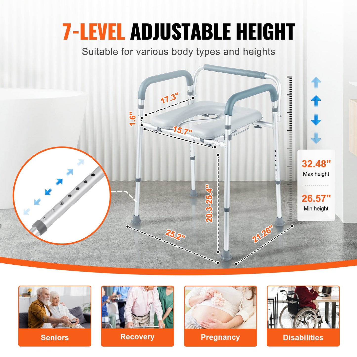 Toilettenstuhl, Nachttischstuhl mit gepolsterter Sitzfläche und Armlehnen, 7-stufig höhenverstellbar, 5,8 l abnehmbarer Eimer, einfach zu montieren, 158 kg Fassungsvermögen, erhöhter Toilettensitz für Erwachsene und Senioren