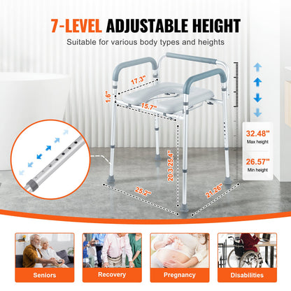 Toilettenstuhl, Nachttischstuhl mit gepolsterter Sitzfläche und Armlehnen, 7-stufig höhenverstellbar, 5,8 l abnehmbarer Eimer, einfach zu montieren, 158 kg Fassungsvermögen, erhöhter Toilettensitz für Erwachsene und Senioren