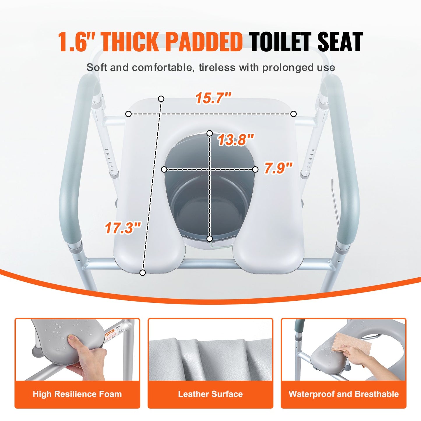Toilettenstuhl, Nachttischstuhl mit gepolsterter Sitzfläche und Armlehnen, 7-stufig höhenverstellbar, 5,8 l abnehmbarer Eimer, einfach zu montieren, 158 kg Fassungsvermögen, erhöhter Toilettensitz für Erwachsene und Senioren