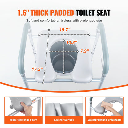 Toilettenstuhl, Nachttischstuhl mit gepolsterter Sitzfläche und Armlehnen, 7-stufig höhenverstellbar, 5,8 l abnehmbarer Eimer, einfach zu montieren, 158 kg Fassungsvermögen, erhöhter Toilettensitz für Erwachsene und Senioren