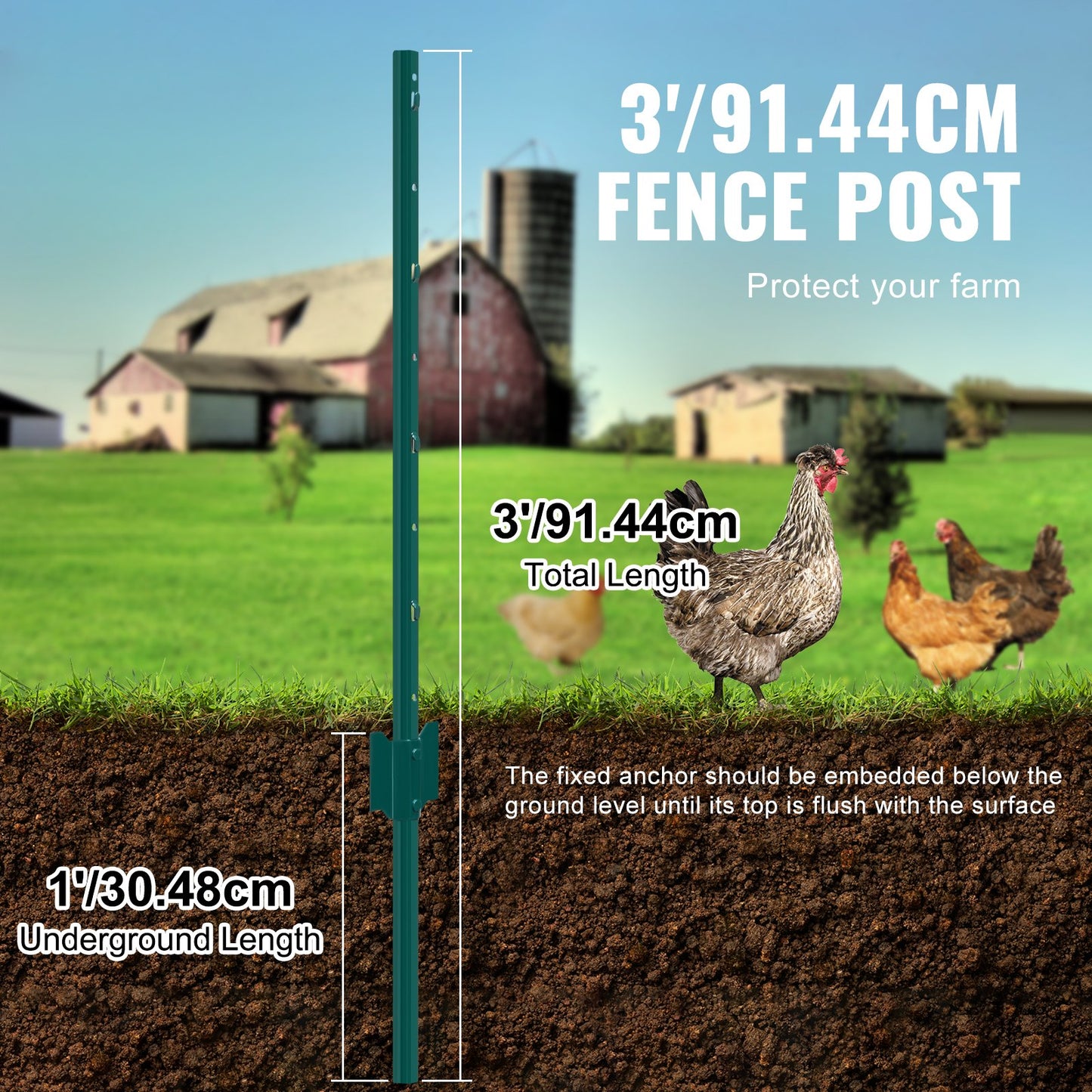 3 Foot Fence Post 10-Pack T-Post Heavy Duty Metal Fence Posts Green