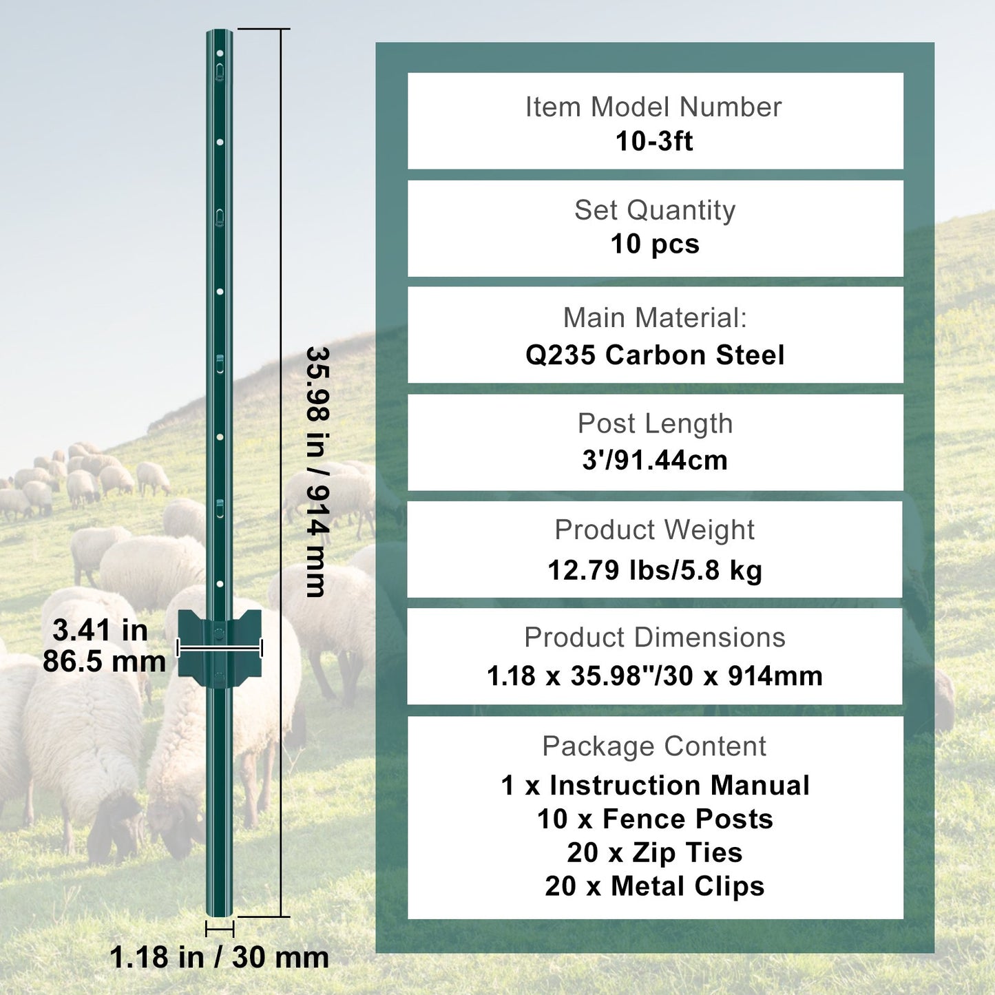 3 Foot Fence Post 10-Pack T-Post Heavy Duty Metal Fence Posts Green