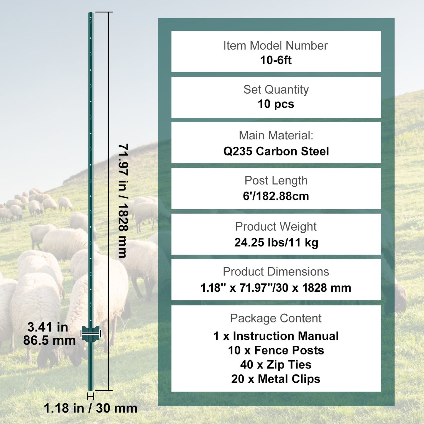 6 Foot Fence Post 10-Pack T-Post Heavy Duty Metal Fence Posts Green
