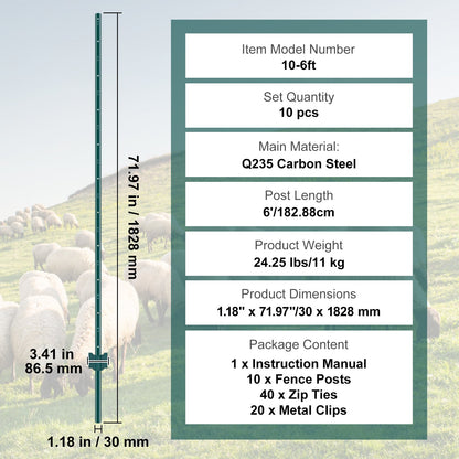 6 Foot Fence Post 10-Pack T-Post Heavy Duty Metal Fence Posts Green