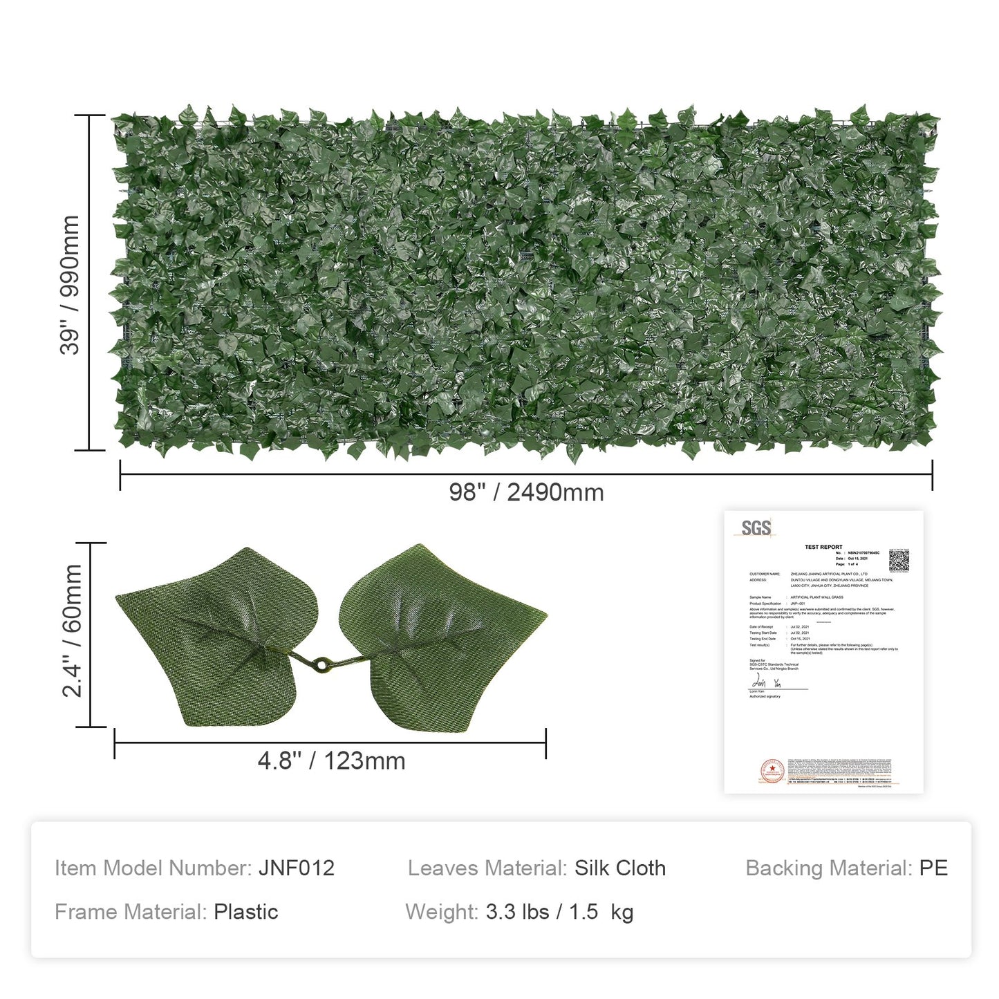 Ivy Privacy Fence, 990 x 2490 mm Artificial Green Wall Screen, Greenery Ivy Fence with Mesh Fabric and Reinforced Joint, Fake Hedges Vine Leaf Decoration for Outdoor Garden, Backyard