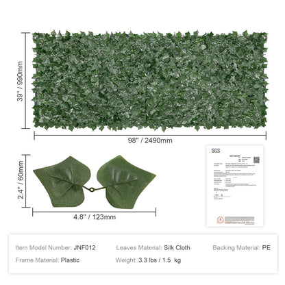Ivy Privacy Fence, 990 x 2490 mm Artificial Green Wall Screen, Greenery Ivy Fence with Mesh Fabric and Reinforced Joint, Fake Hedges Vine Leaf Decoration for Outdoor Garden, Backyard