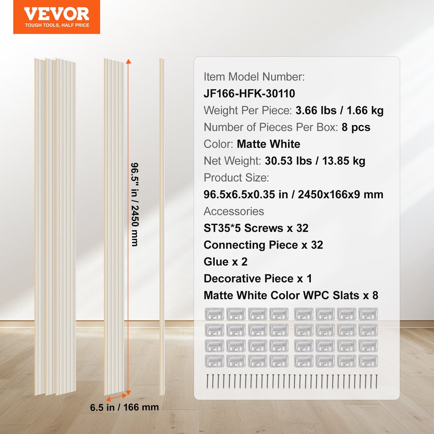 Trälameller akustikpaneler 8 st 96 x 6 tum för modern vägg matt vit