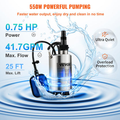 Tauchwasserpumpe, 550 W, 9500 l/h, mit 10 m Kabel und automatischem Schwimmerschalter, tragbarer Edelstahl für saubere, leere überflutete Bereiche, Schwimmbäder, Whirlpools, zur Bewässerung