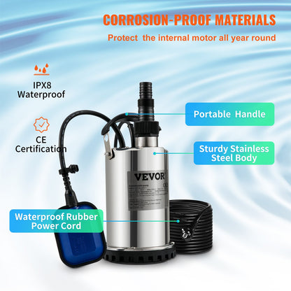 Tauchwasserpumpe, 550 W, 9500 l/h, mit 10 m Kabel und automatischem Schwimmerschalter, tragbarer Edelstahl für saubere, leere überflutete Bereiche, Schwimmbäder, Whirlpools, zur Bewässerung