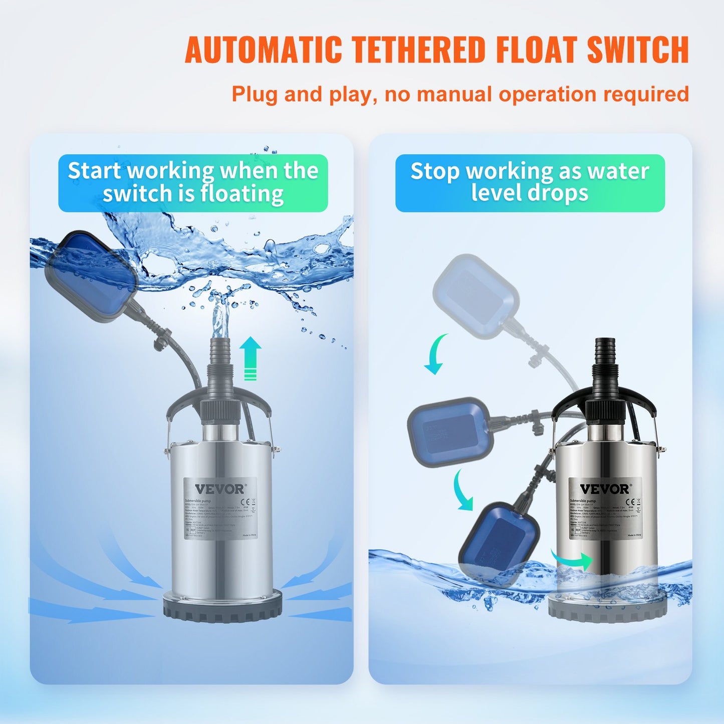 Tauchwasserpumpe, 550 W, 9500 l/h, mit 10 m Kabel und automatischem Schwimmerschalter, tragbarer Edelstahl für saubere, leere überflutete Bereiche, Schwimmbäder, Whirlpools, zur Bewässerung