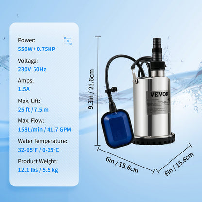 Tauchwasserpumpe, 550 W, 9500 l/h, mit 10 m Kabel und automatischem Schwimmerschalter, tragbarer Edelstahl für saubere, leere überflutete Bereiche, Schwimmbäder, Whirlpools, zur Bewässerung