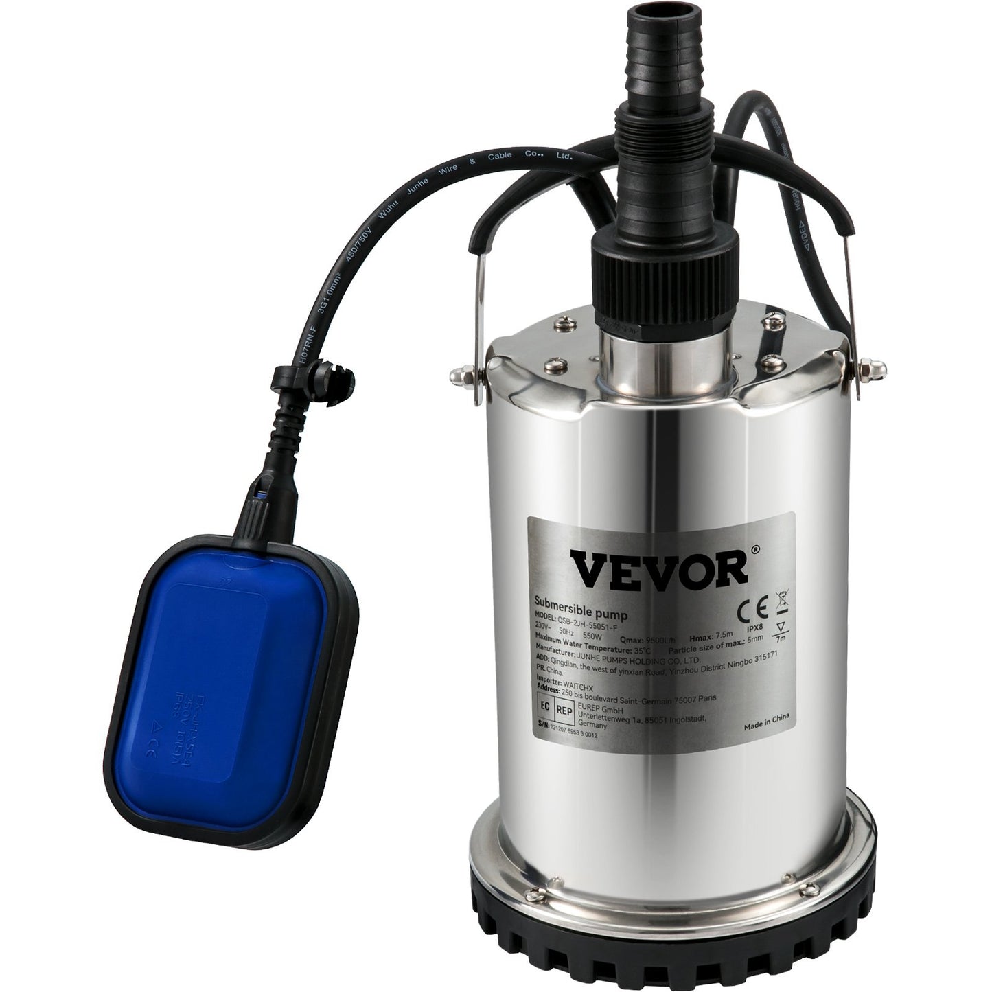 Tauchwasserpumpe, 550 W, 9500 l/h, mit 10 m Kabel und automatischem Schwimmerschalter, tragbarer Edelstahl für saubere, leere überflutete Bereiche, Schwimmbäder, Whirlpools, zur Bewässerung