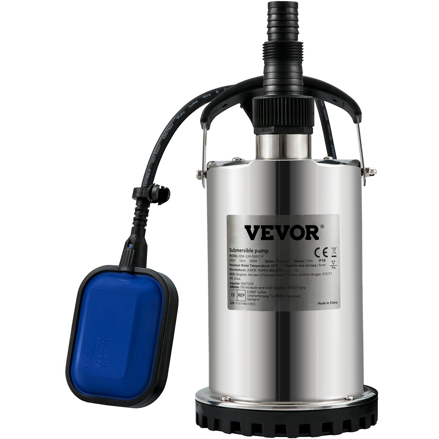 Tauchwasserpumpe, 550 W, 9500 l/h, mit 10 m Kabel und automatischem Schwimmerschalter, tragbarer Edelstahl für saubere, leere überflutete Bereiche, Schwimmbäder, Whirlpools, zur Bewässerung