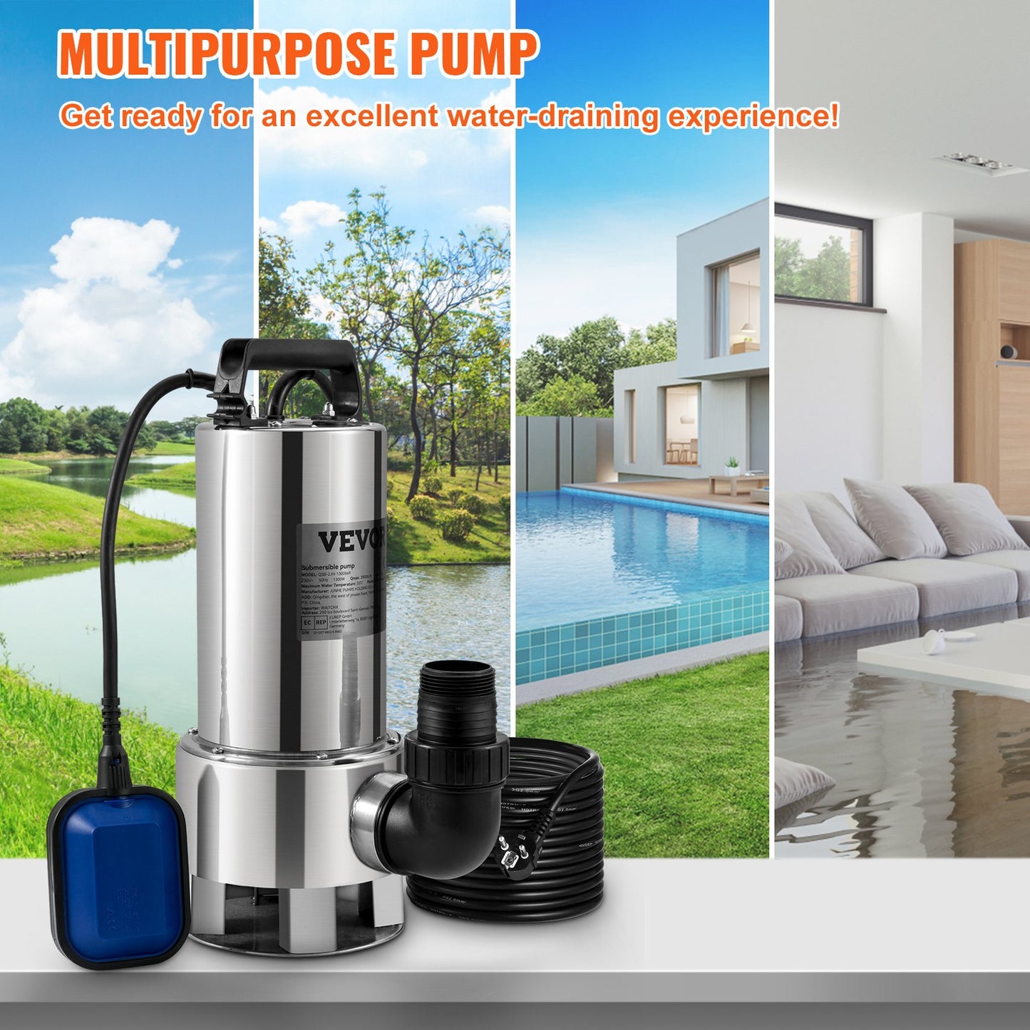 Tauchwasserpumpe, 1300 W, 20000 l/h, mit 10 m Kabel und automatischem Schwimmerschalter, Edelstahl und Gusseisen für schmutzige oder saubere, leere Gartenteiche, Pools, Whirlpools