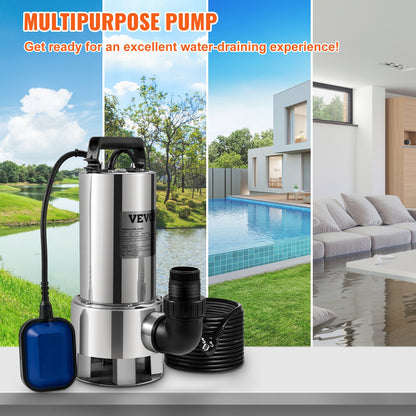 Tauchwasserpumpe, 1300 W, 20000 l/h, mit 10 m Kabel und automatischem Schwimmerschalter, Edelstahl und Gusseisen für schmutzige oder saubere, leere Gartenteiche, Pools, Whirlpools