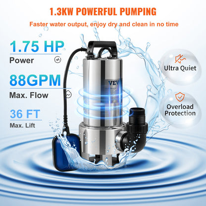 Tauchwasserpumpe, 1300 W, 20000 l/h, mit 10 m Kabel und automatischem Schwimmerschalter, Edelstahl und Gusseisen für schmutzige oder saubere, leere Gartenteiche, Pools, Whirlpools