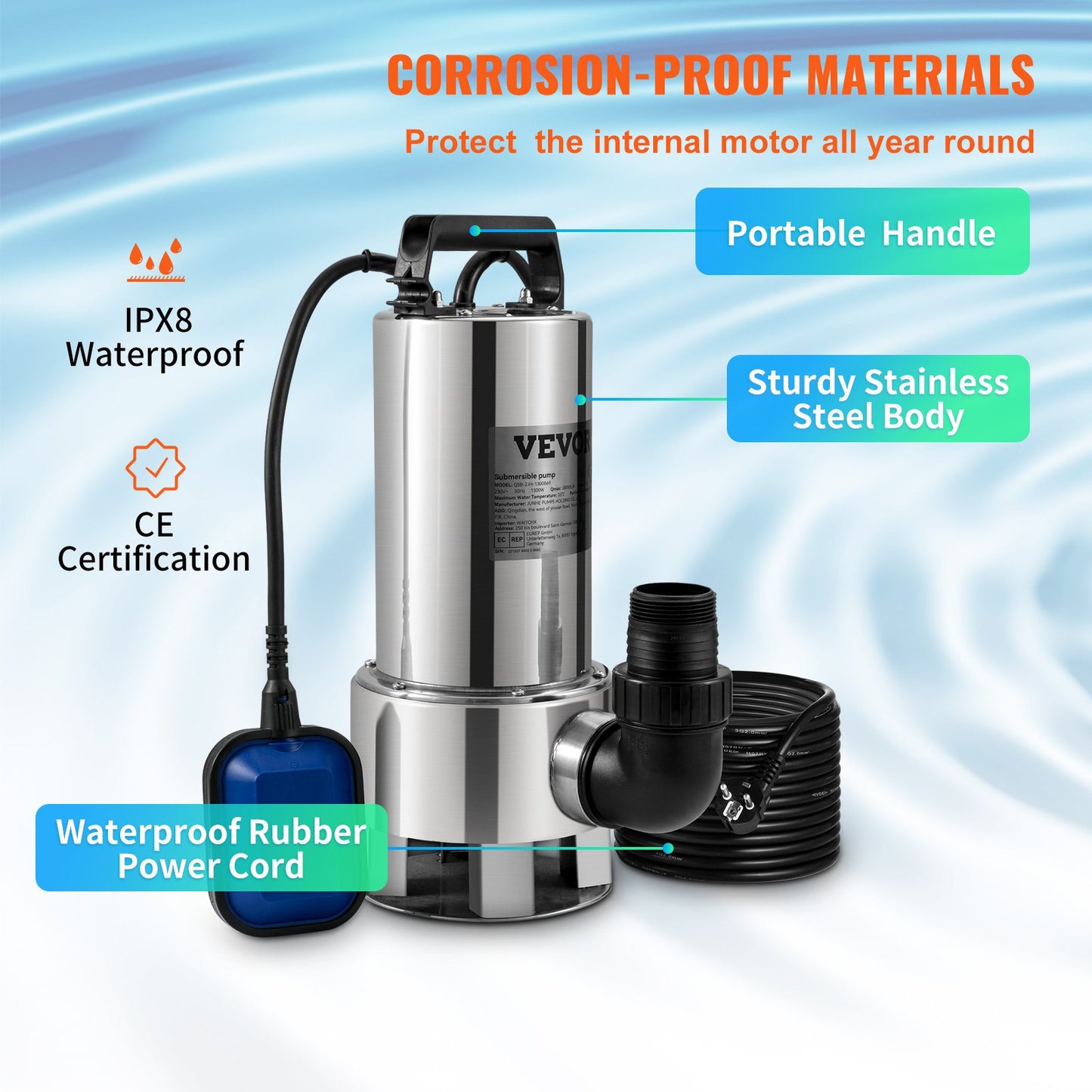 Tauchwasserpumpe, 1300 W, 20000 l/h, mit 10 m Kabel und automatischem Schwimmerschalter, Edelstahl und Gusseisen für schmutzige oder saubere, leere Gartenteiche, Pools, Whirlpools