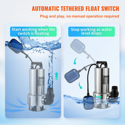 Tauchwasserpumpe, 1300 W, 20000 l/h, mit 10 m Kabel und automatischem Schwimmerschalter, Edelstahl und Gusseisen für schmutzige oder saubere, leere Gartenteiche, Pools, Whirlpools
