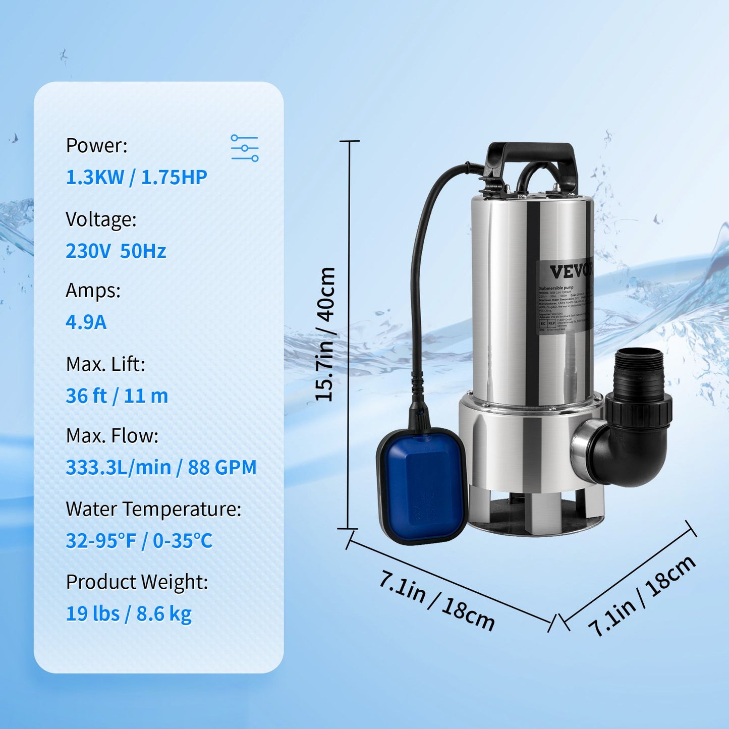 Tauchwasserpumpe, 1300 W, 20000 l/h, mit 10 m Kabel und automatischem Schwimmerschalter, Edelstahl und Gusseisen für schmutzige oder saubere, leere Gartenteiche, Pools, Whirlpools