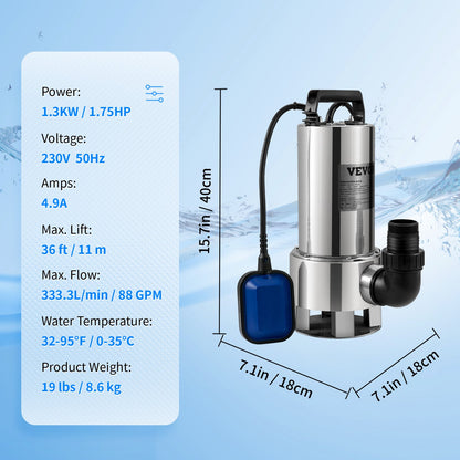 Tauchwasserpumpe, 1300 W, 20000 l/h, mit 10 m Kabel und automatischem Schwimmerschalter, Edelstahl und Gusseisen für schmutzige oder saubere, leere Gartenteiche, Pools, Whirlpools