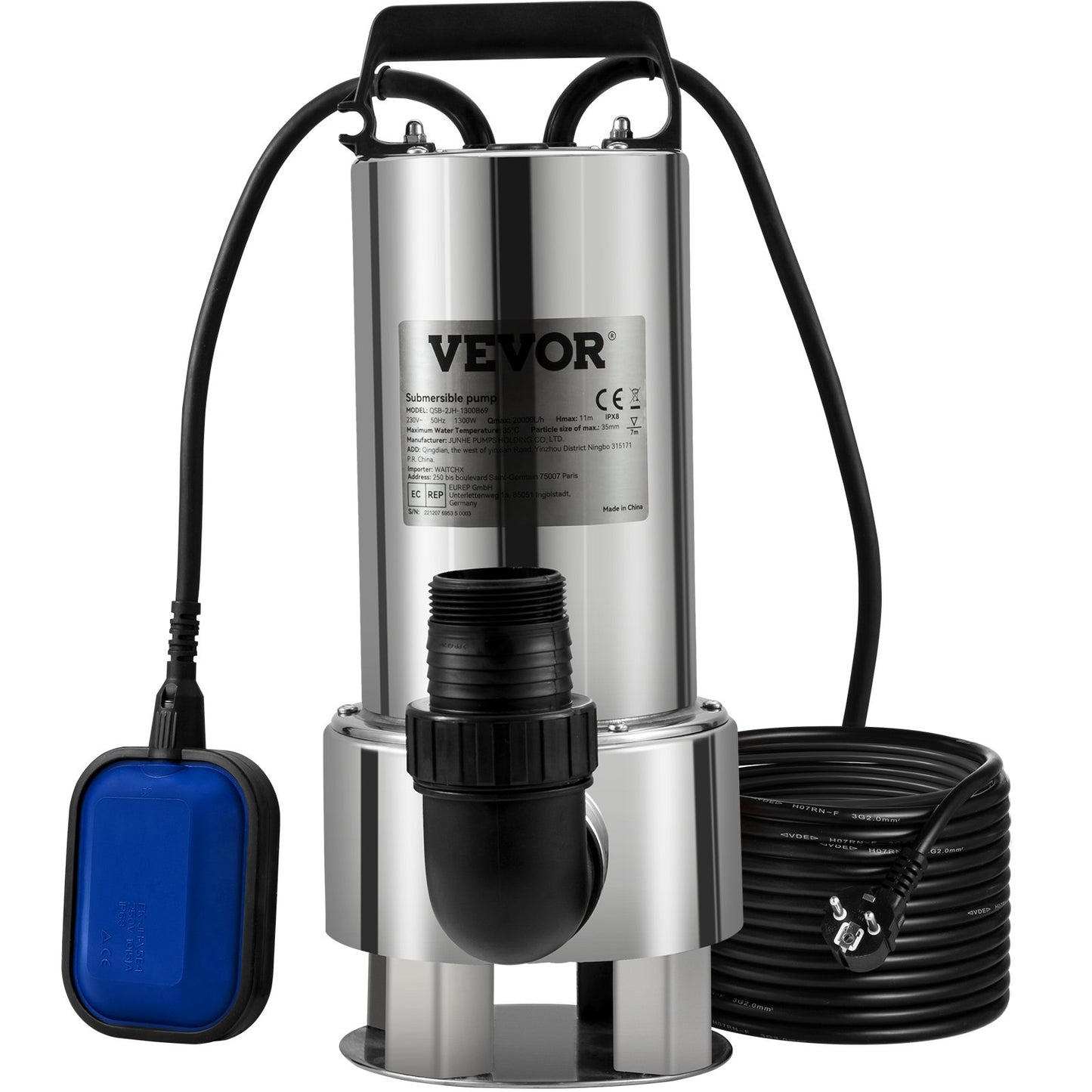 Tauchwasserpumpe, 1300 W, 20000 l/h, mit 10 m Kabel und automatischem Schwimmerschalter, Edelstahl und Gusseisen für schmutzige oder saubere, leere Gartenteiche, Pools, Whirlpools
