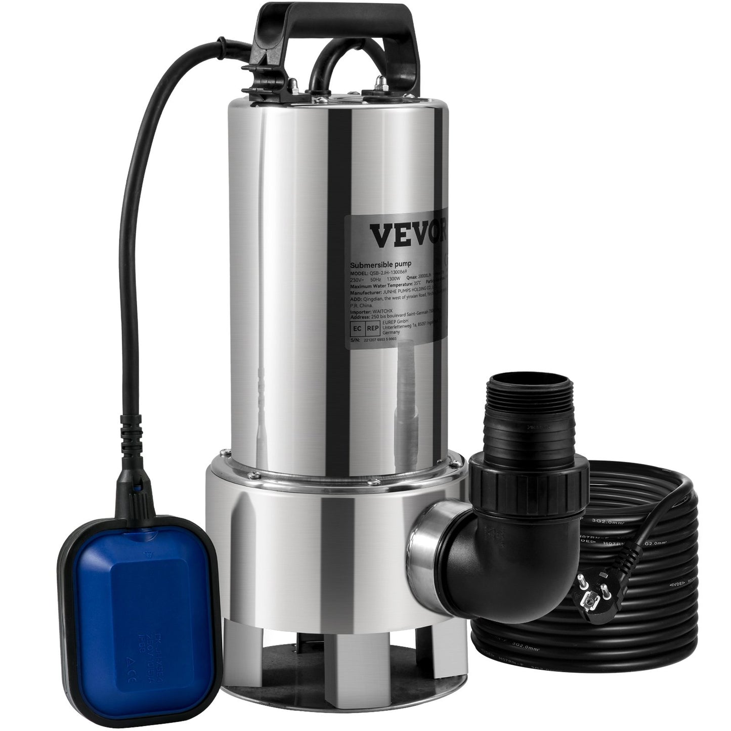 Tauchwasserpumpe, 1300 W, 20000 l/h, mit 10 m Kabel und automatischem Schwimmerschalter, Edelstahl und Gusseisen für schmutzige oder saubere, leere Gartenteiche, Pools, Whirlpools
