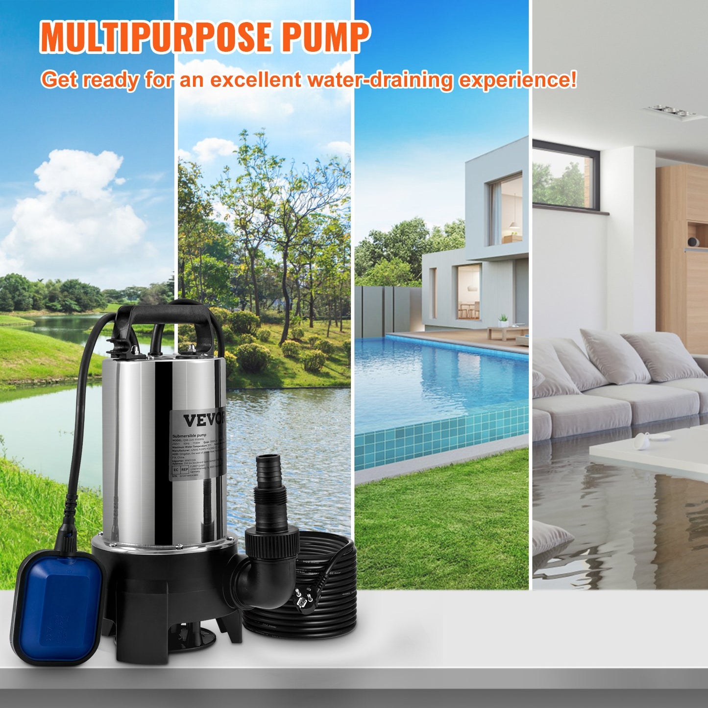Dränkbar vattenpump, 1100W 20000L/H, med 10 m sladd och automatisk förbunden flottörbrytare, bärbart rostfritt stål för smutsigt eller rent, dräneringsöversvämningar, tomma trädgårdsdammar, simbassänger, badtunnor