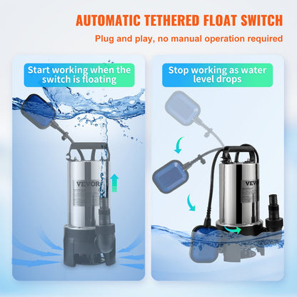 Dränkbar vattenpump, 1100W 20000L/H, med 10 m sladd och automatisk förbunden flottörbrytare, bärbart rostfritt stål för smutsigt eller rent, dräneringsöversvämningar, tomma trädgårdsdammar, simbassänger, badtunnor
